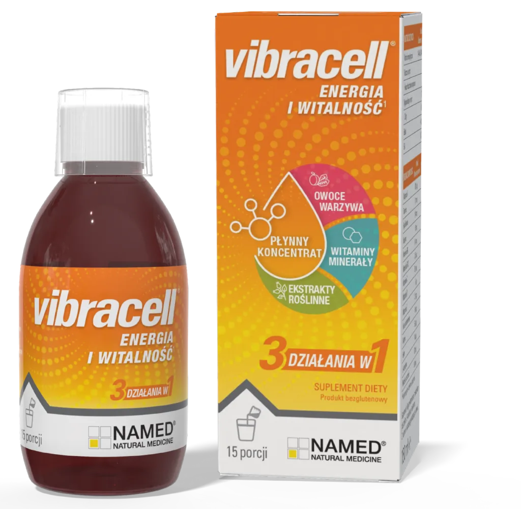 Butelka i opakowanie suplementu diety Vibracell Energia i Witalność na białym tle. Produkt firmy NAMED Natural Medicine.