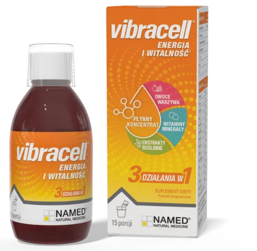 Butelka i opakowanie suplementu diety Vibracell Energia i Witalność na białym tle. Produkt firmy NAMED Natural Medicine.