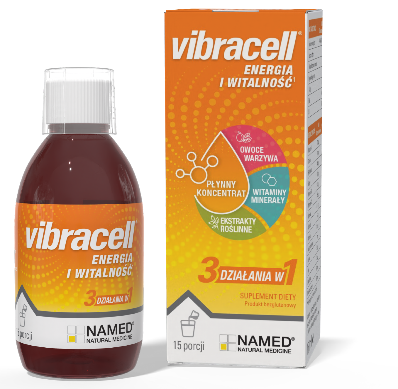 Butelka i opakowanie suplementu diety Vibracell Energia i Witalność na białym tle. Produkt firmy NAMED Natural Medicine.